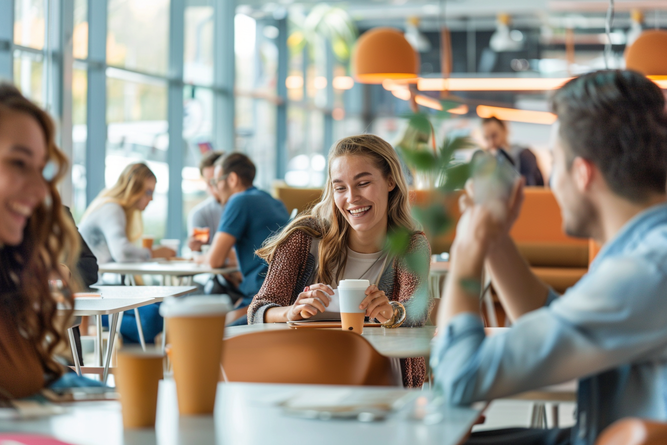 Three people laugh together at a table while each holds a cup of their favourite drink