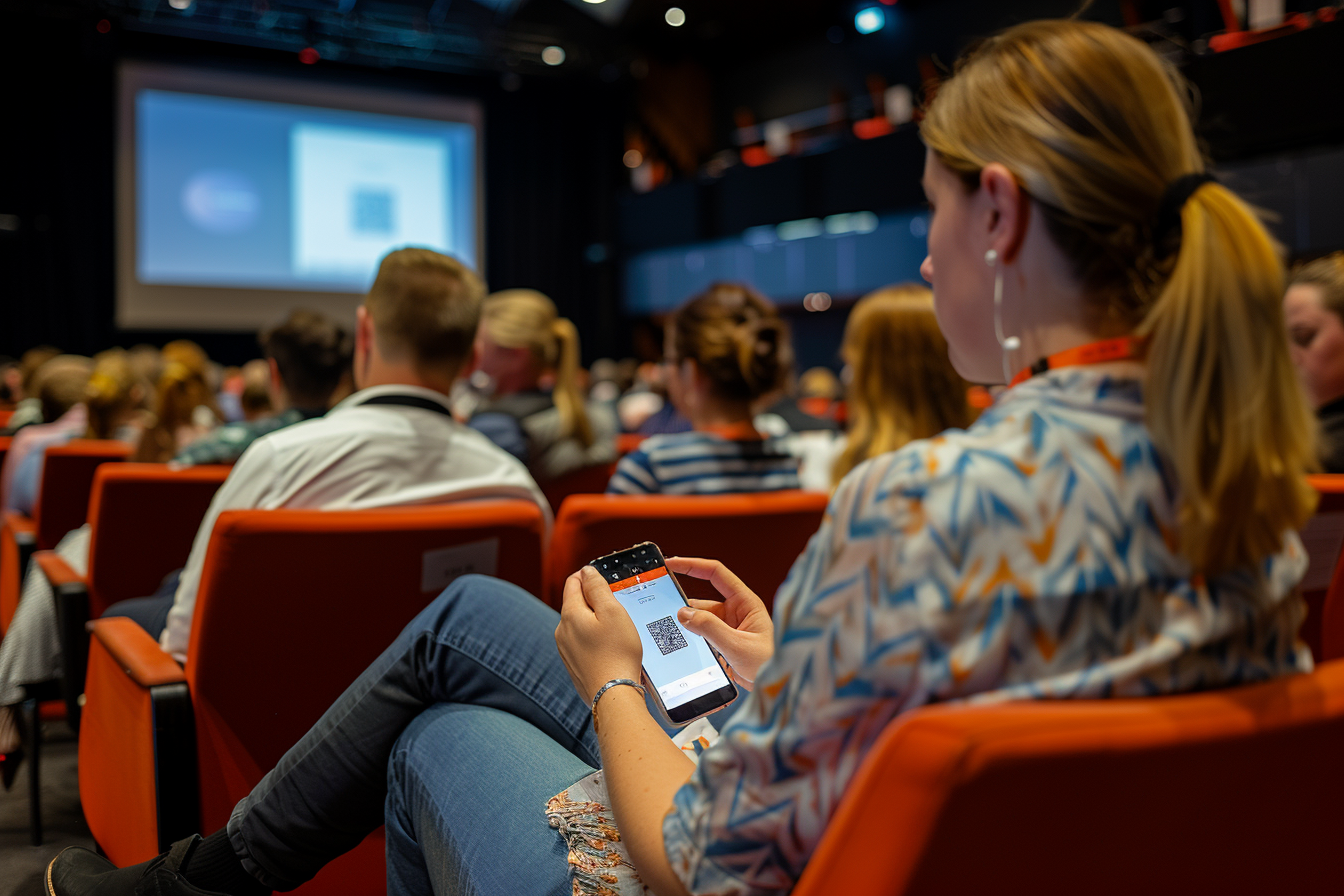 A woman sitting in a conference room looks at the QR code on her smartphone 