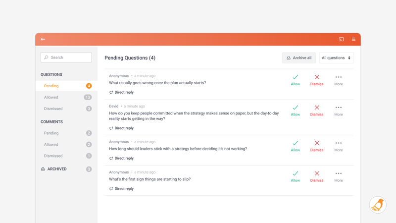 Pigeonhole Live Moderator Panel for managing audience questions during a live session
