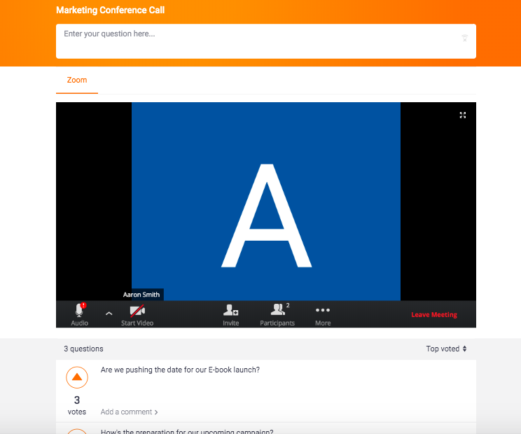 A Zoom call embedded into Pigeonhole Live's Audience Web App, with questions being submitted below the livestream.