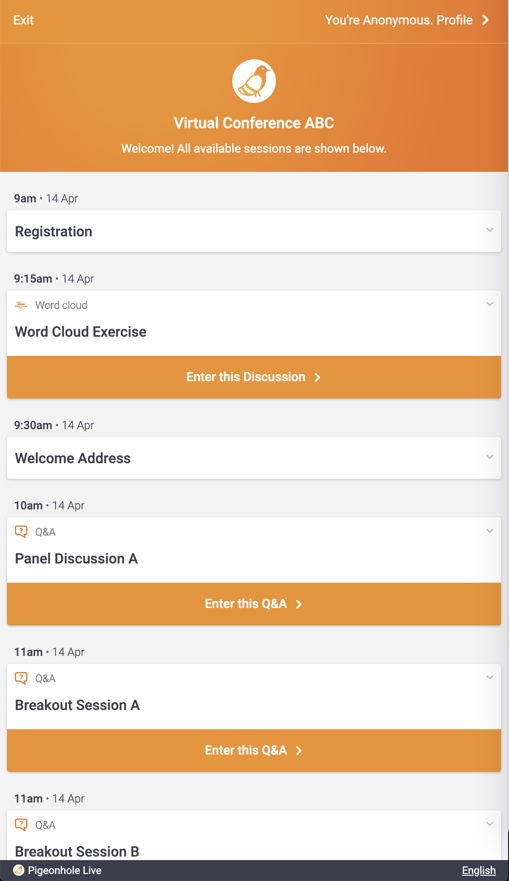 Pigeonhole Live's Agenda view 