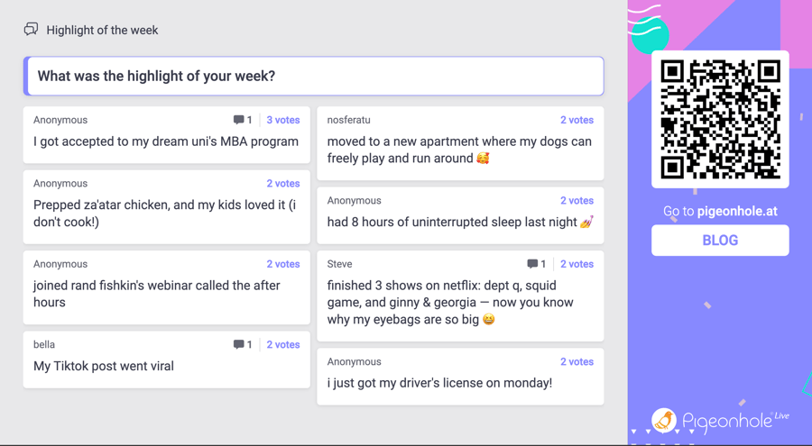 Highlight of the week in Pigeonhole Live