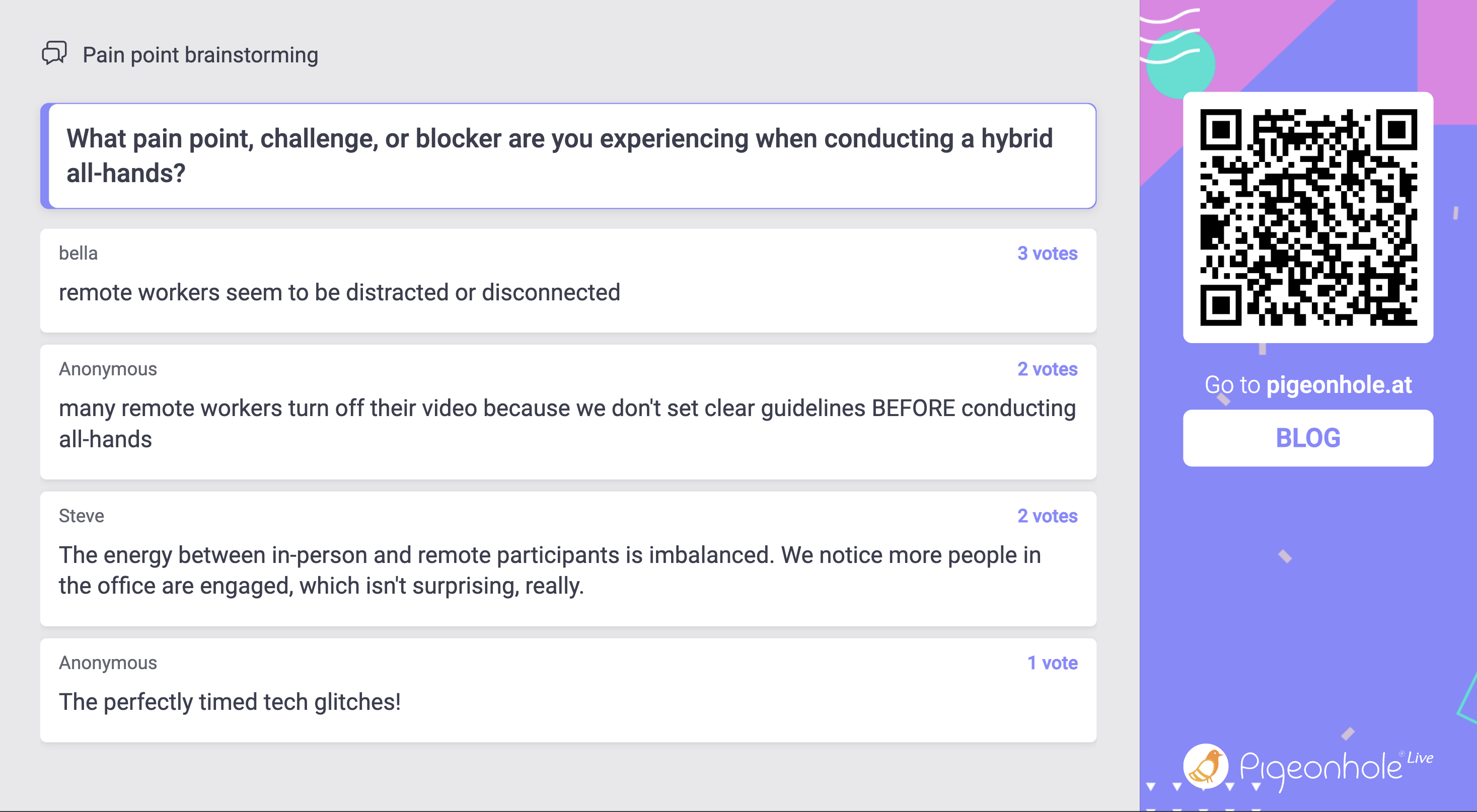 Pain point brainstorming in Pigeonhole Live