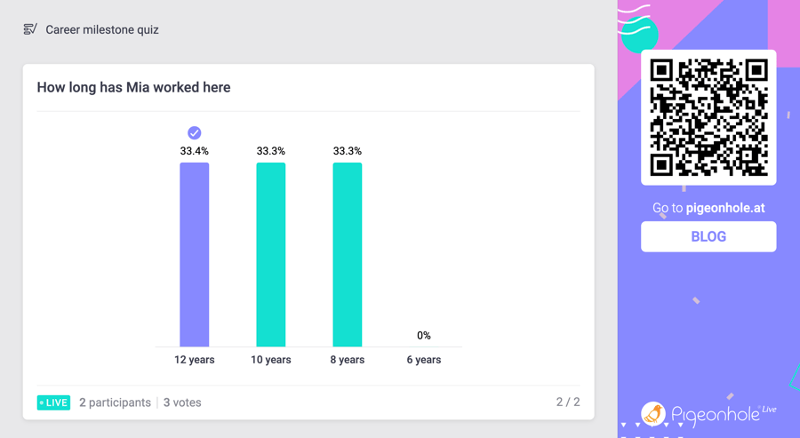 Career milestone quiz in Pigeonhole Live