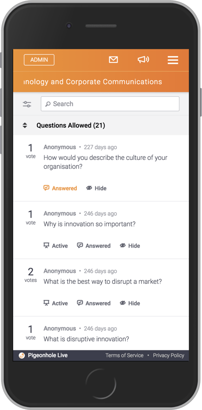 Mobile View of Pigeonhole's Admin Panel
