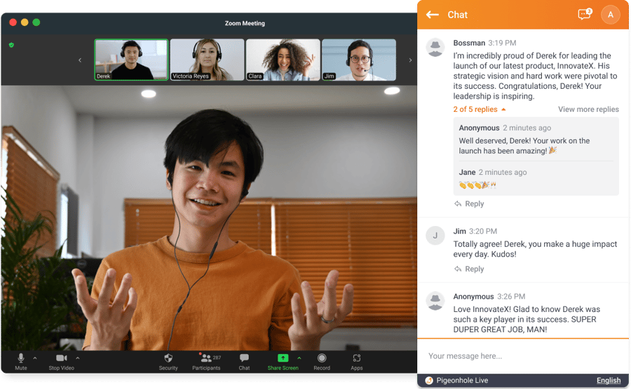 Man on a Zoom call engaging with participants via Pigeonhole live chat