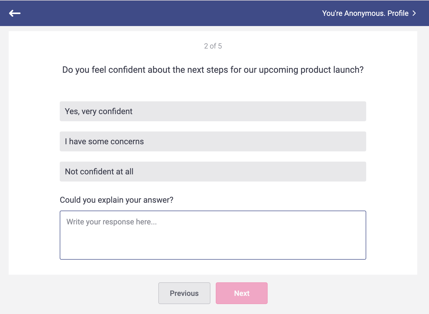 Sample feedback survey in Pigeonhole Live