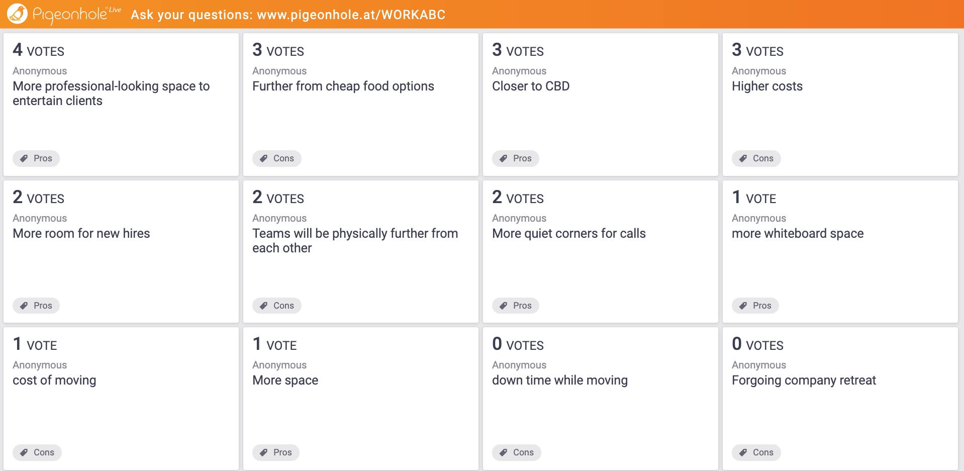 Pigeonhole's Open-ended Poll Screen for Brainstorming