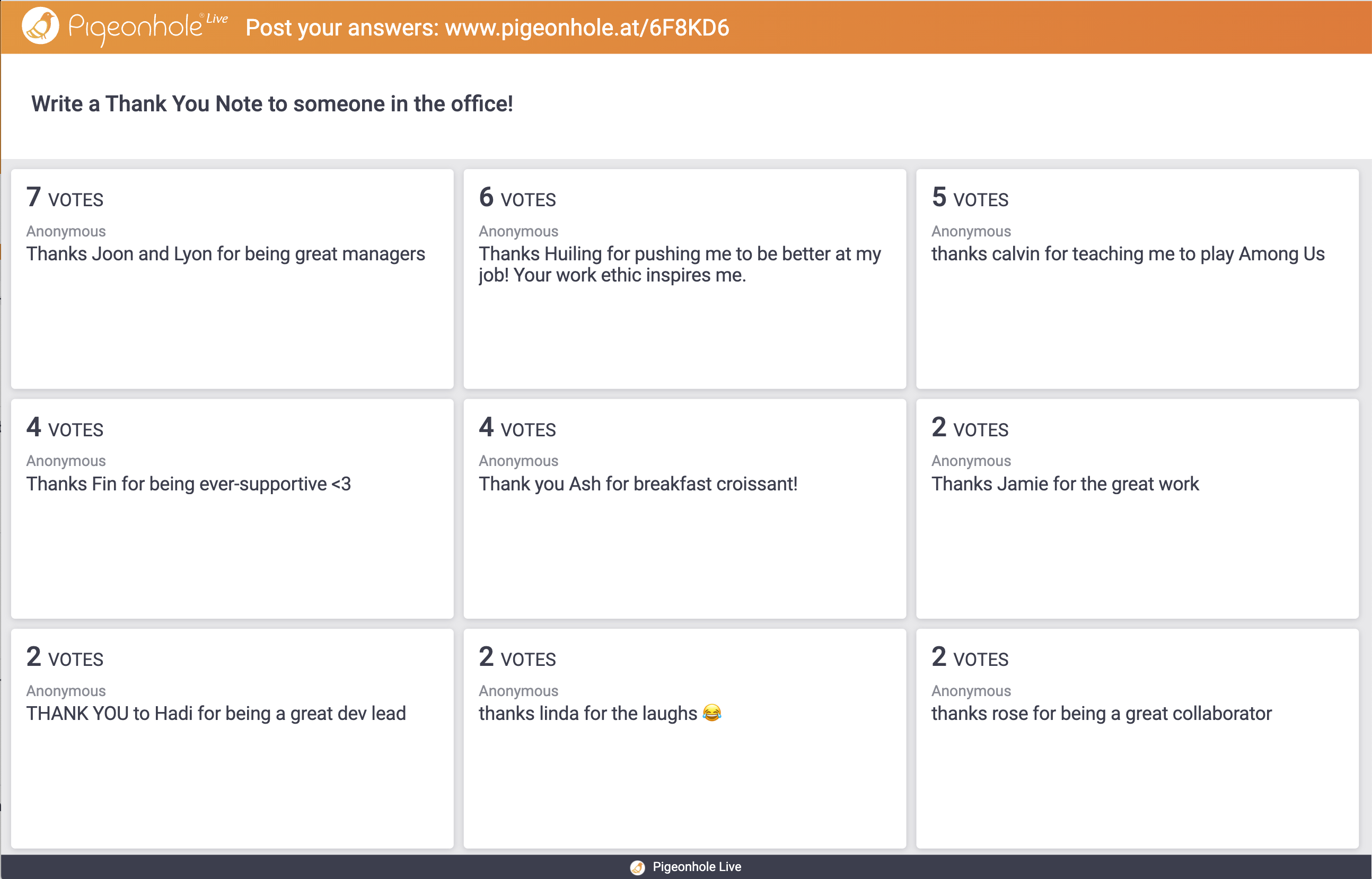 Pigeonhole Live's open-ended poll feature includes an 'express gratitude' question with anonymous entries