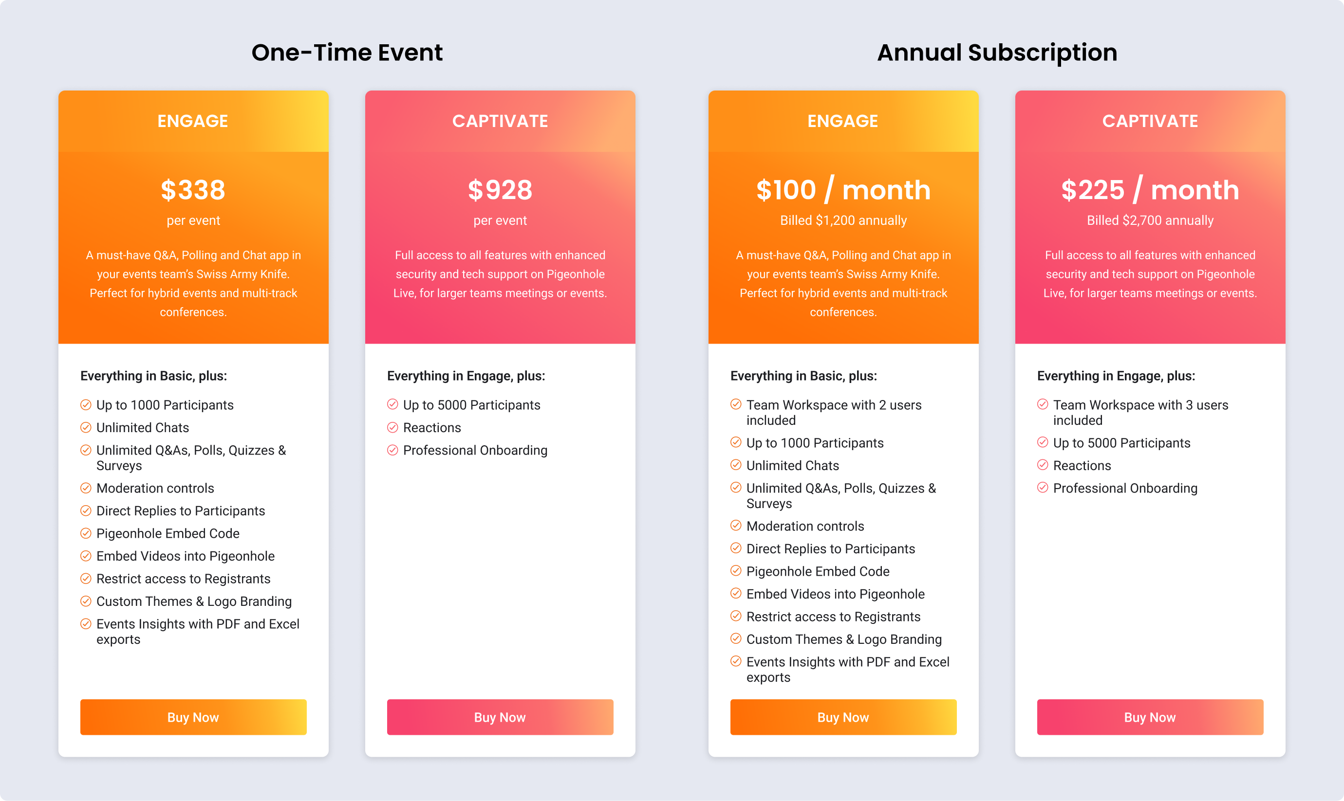 choice between engage and captivate options for one time event or annual subscription