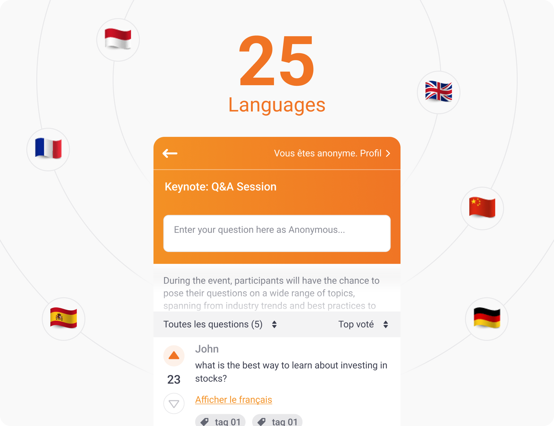 A snapshot of Pigeonhole Live's instant Q&A translation, powered by AI